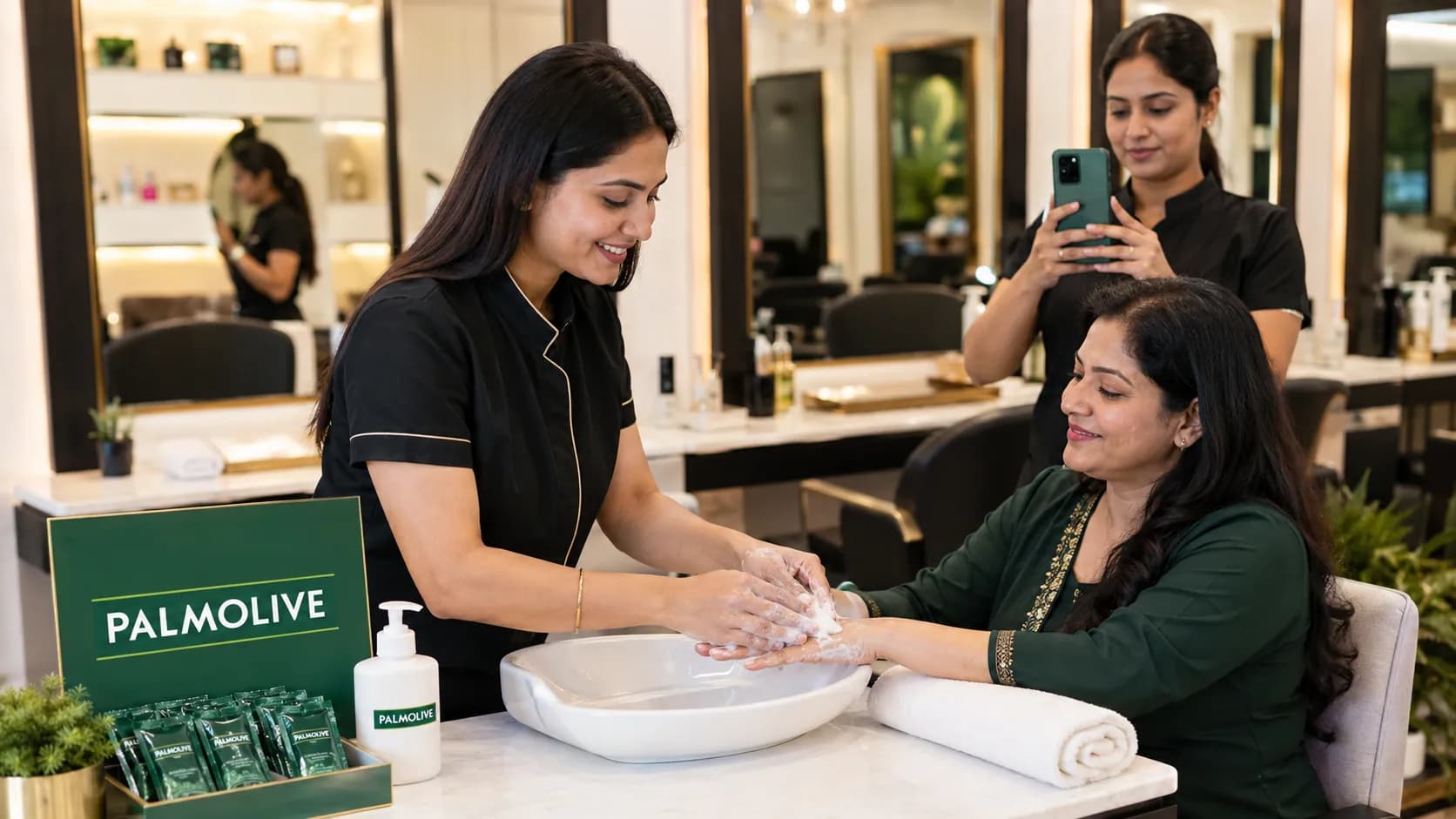 Palmolive wet trial in progress at a salon