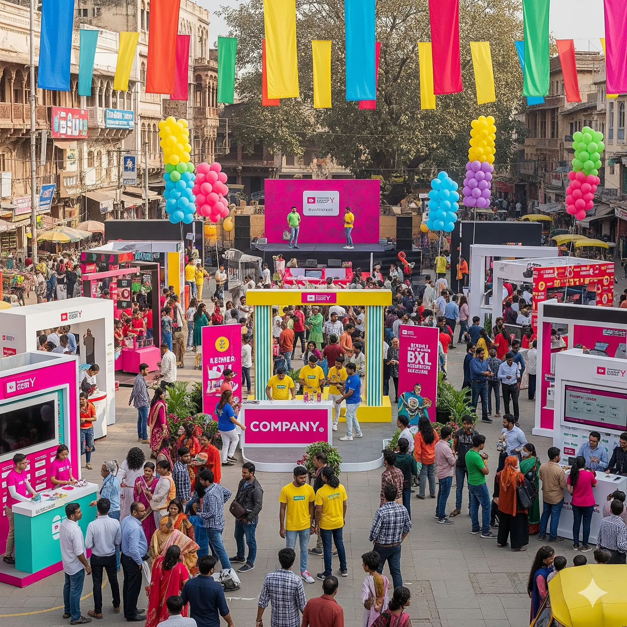 Vibrant brand activation event with colorful installations and engaged crowd in Indian market setting